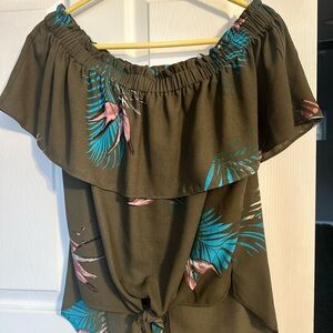 Apt. 9 Olive Off-Shoulder Top with Teal & Pink Floral Print M